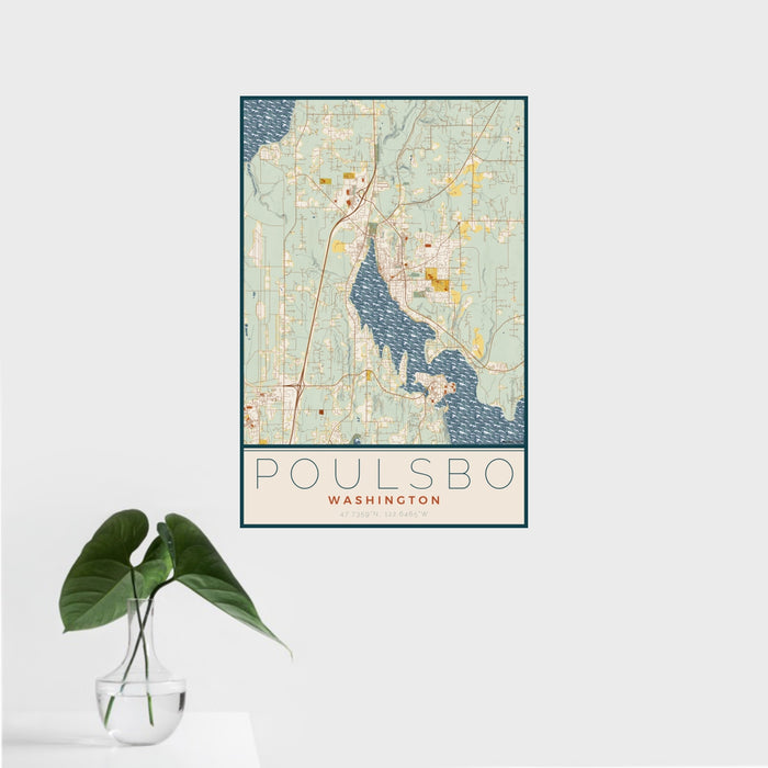 16x24 Poulsbo Washington Map Print Portrait Orientation in Woodblock Style With Tropical Plant Leaves in Water