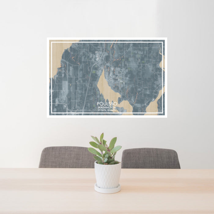 24x36 Poulsbo Washington Map Print Lanscape Orientation in Afternoon Style Behind 2 Chairs Table and Potted Plant