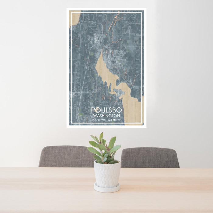 24x36 Poulsbo Washington Map Print Portrait Orientation in Afternoon Style Behind 2 Chairs Table and Potted Plant