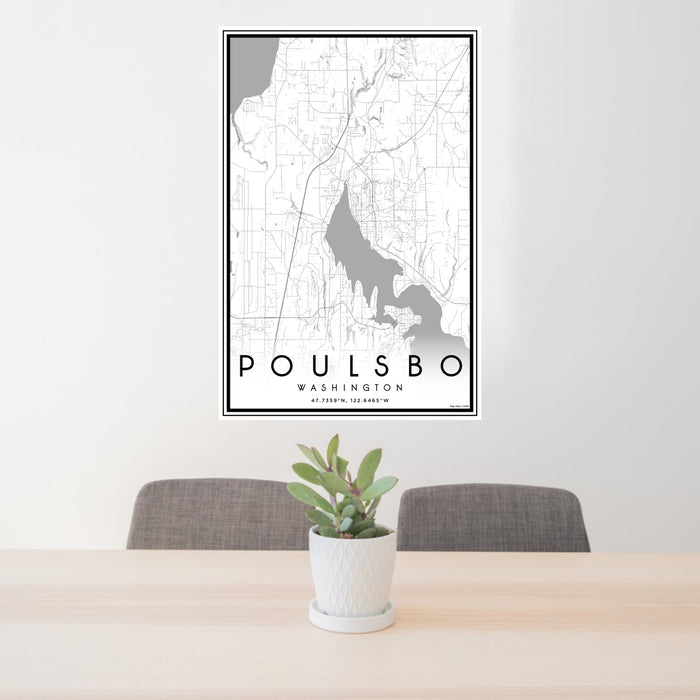 24x36 Poulsbo Washington Map Print Portrait Orientation in Classic Style Behind 2 Chairs Table and Potted Plant