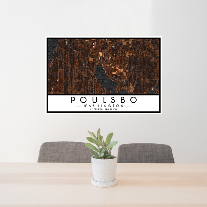 24x36 Poulsbo Washington Map Print Lanscape Orientation in Ember Style Behind 2 Chairs Table and Potted Plant