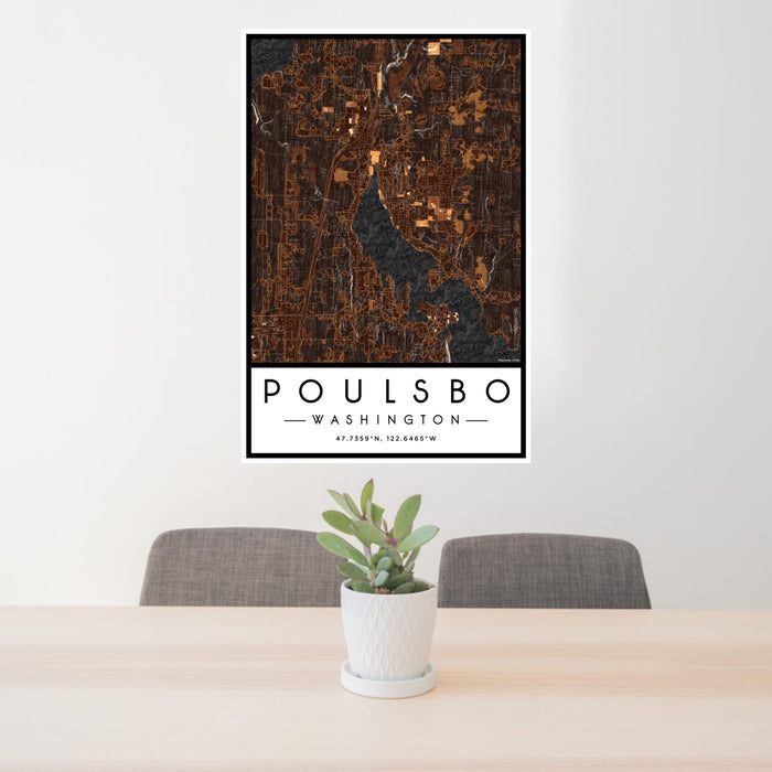 24x36 Poulsbo Washington Map Print Portrait Orientation in Ember Style Behind 2 Chairs Table and Potted Plant