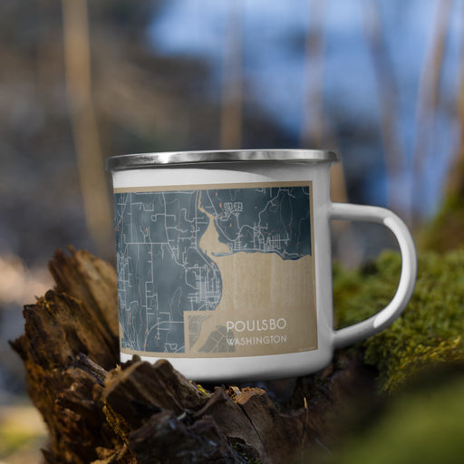 Right View Custom Poulsbo Washington Map Enamel Mug in Afternoon on Grass With Trees in Background