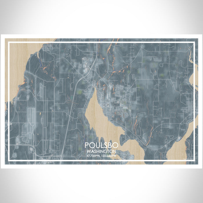 Poulsbo Washington Map Print Landscape Orientation in Afternoon Style With Shaded Background