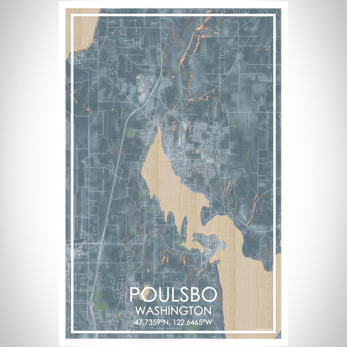 Poulsbo Washington Map Print Portrait Orientation in Afternoon Style With Shaded Background