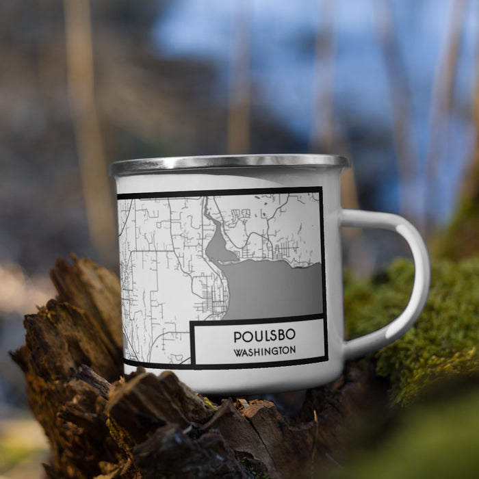 Right View Custom Poulsbo Washington Map Enamel Mug in Classic on Grass With Trees in Background