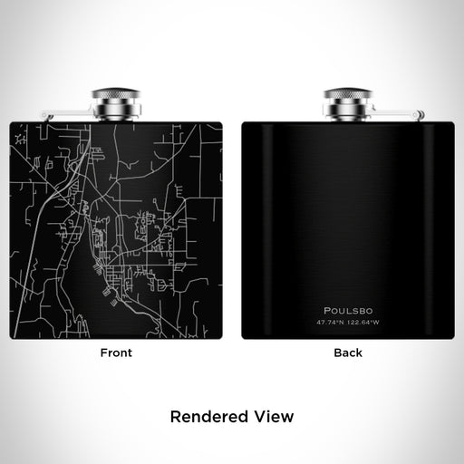 Rendered View of Poulsbo Washington Map Engraving on 6oz Stainless Steel Flask in Black