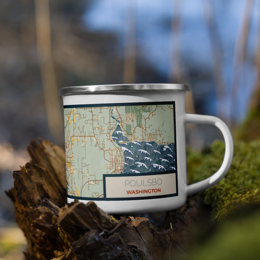 Right View Custom Poulsbo Washington Map Enamel Mug in Woodblock on Grass With Trees in Background