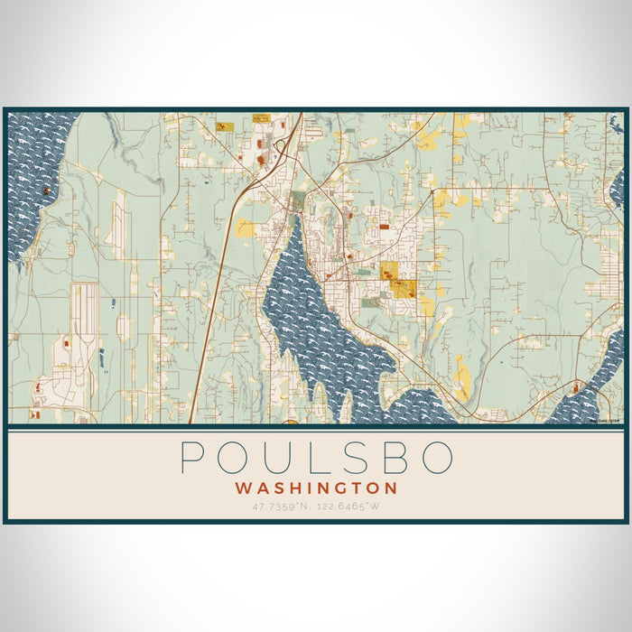 Poulsbo Washington Map Print Landscape Orientation in Woodblock Style With Shaded Background