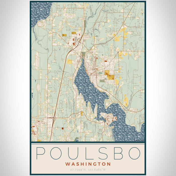Poulsbo Washington Map Print Portrait Orientation in Woodblock Style With Shaded Background