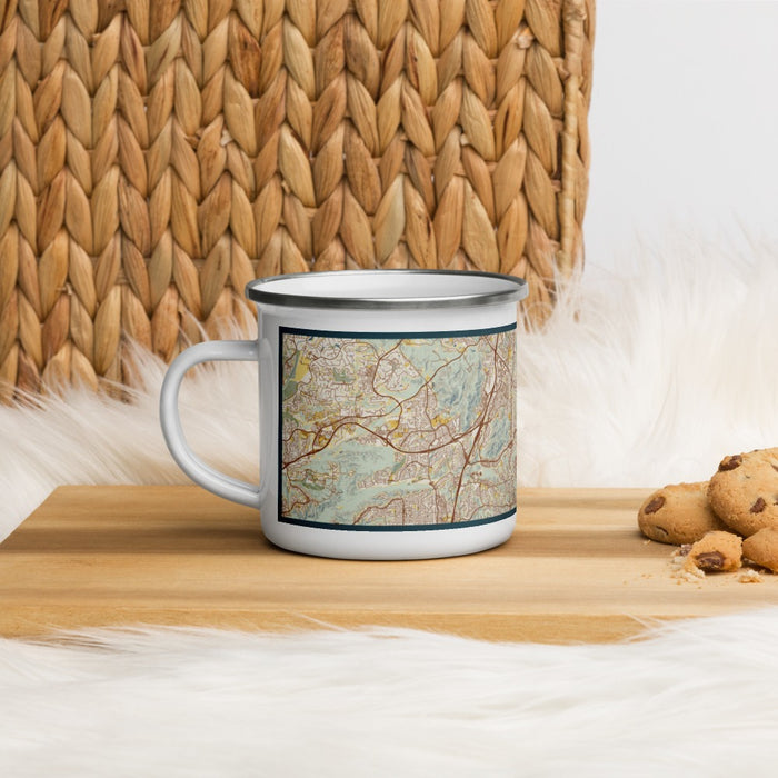 Left View Custom Poway California Map Enamel Mug in Woodblock on Table Top