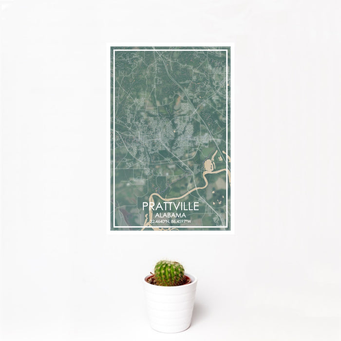 12x18 Prattville Alabama Map Print Portrait Orientation in Afternoon Style With Small Cactus Plant in White Planter