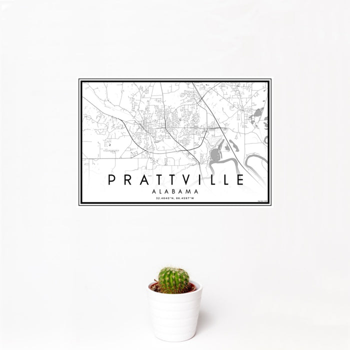 12x18 Prattville Alabama Map Print Landscape Orientation in Classic Style With Small Cactus Plant in White Planter