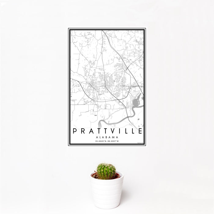 12x18 Prattville Alabama Map Print Portrait Orientation in Classic Style With Small Cactus Plant in White Planter
