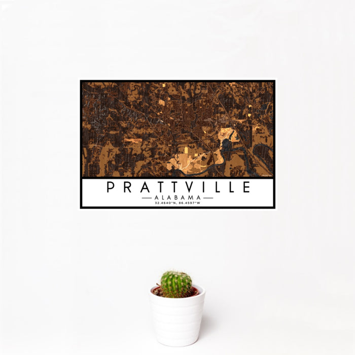 12x18 Prattville Alabama Map Print Landscape Orientation in Ember Style With Small Cactus Plant in White Planter