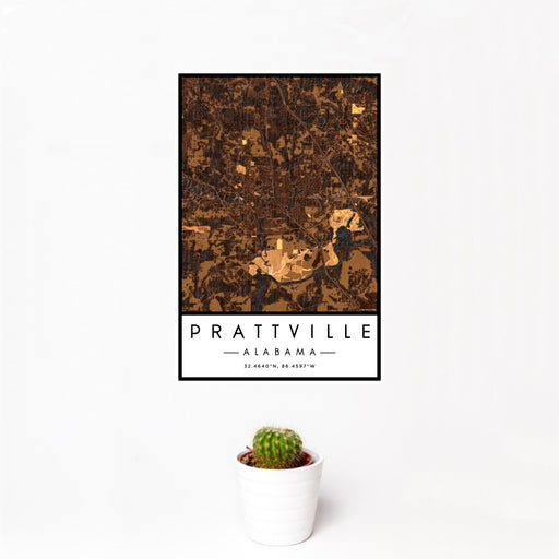 12x18 Prattville Alabama Map Print Portrait Orientation in Ember Style With Small Cactus Plant in White Planter