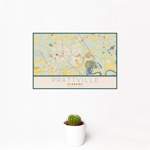12x18 Prattville Alabama Map Print Landscape Orientation in Woodblock Style With Small Cactus Plant in White Planter