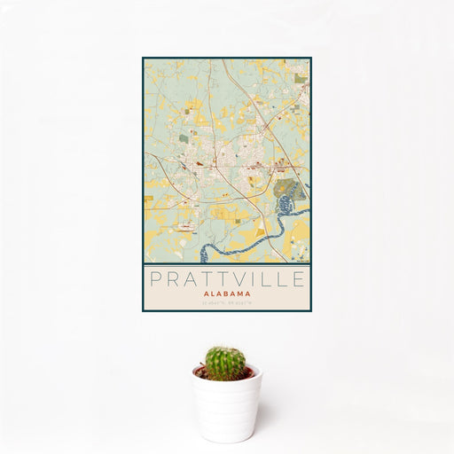 12x18 Prattville Alabama Map Print Portrait Orientation in Woodblock Style With Small Cactus Plant in White Planter