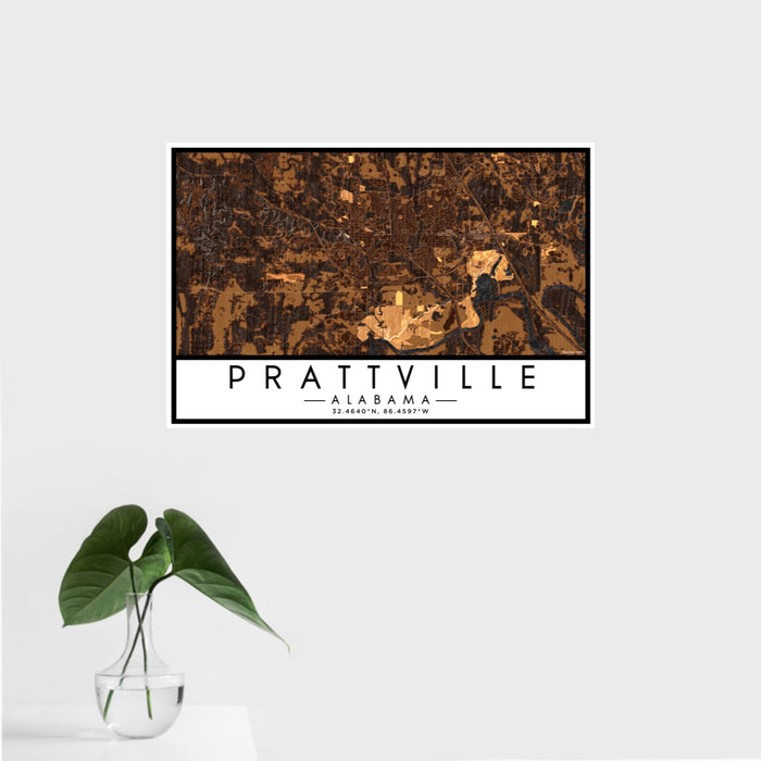 16x24 Prattville Alabama Map Print Landscape Orientation in Ember Style With Tropical Plant Leaves in Water