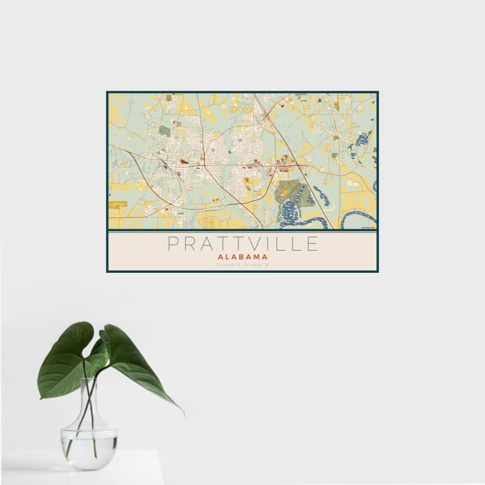 16x24 Prattville Alabama Map Print Landscape Orientation in Woodblock Style With Tropical Plant Leaves in Water