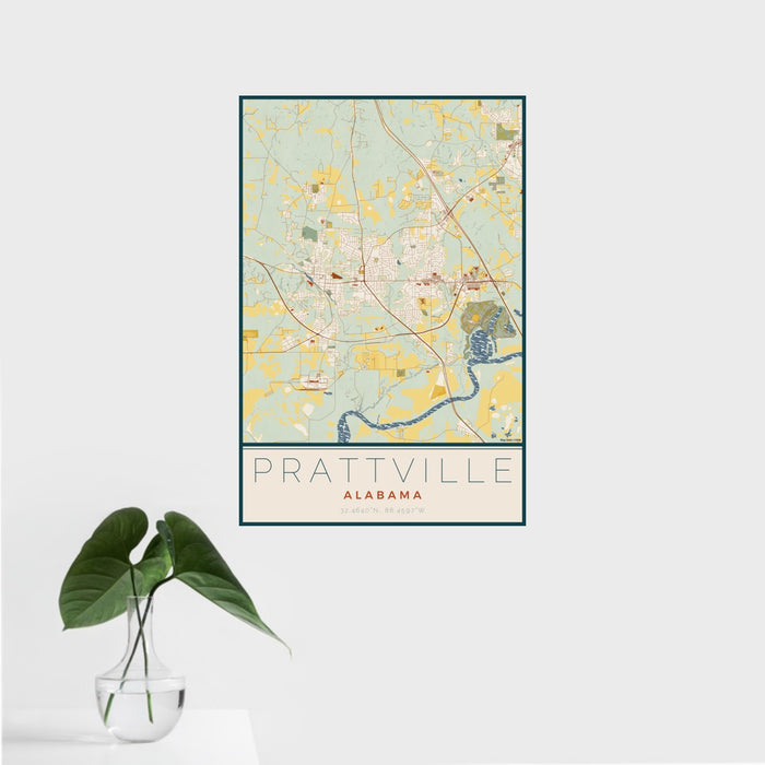 16x24 Prattville Alabama Map Print Portrait Orientation in Woodblock Style With Tropical Plant Leaves in Water