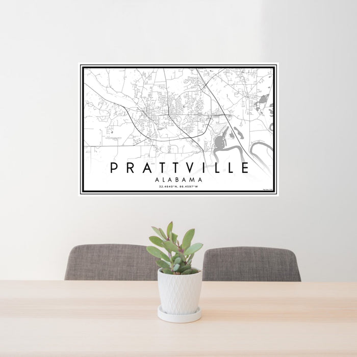 24x36 Prattville Alabama Map Print Lanscape Orientation in Classic Style Behind 2 Chairs Table and Potted Plant