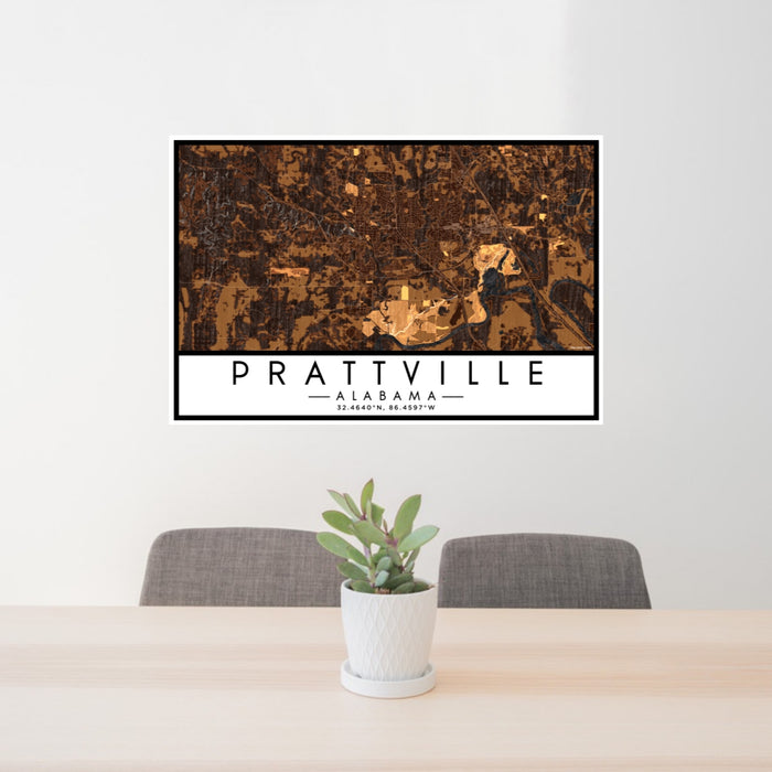 24x36 Prattville Alabama Map Print Lanscape Orientation in Ember Style Behind 2 Chairs Table and Potted Plant