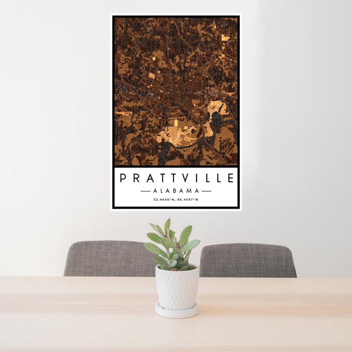 24x36 Prattville Alabama Map Print Portrait Orientation in Ember Style Behind 2 Chairs Table and Potted Plant