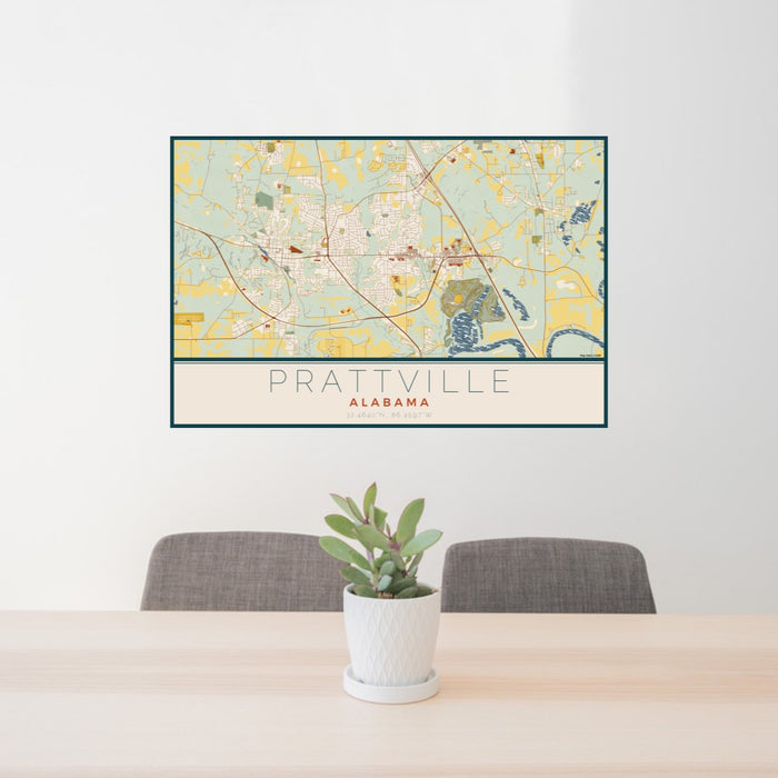 24x36 Prattville Alabama Map Print Lanscape Orientation in Woodblock Style Behind 2 Chairs Table and Potted Plant