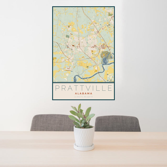 24x36 Prattville Alabama Map Print Portrait Orientation in Woodblock Style Behind 2 Chairs Table and Potted Plant