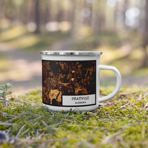 Right View Custom Prattville Alabama Map Enamel Mug in Ember on Grass With Trees in Background