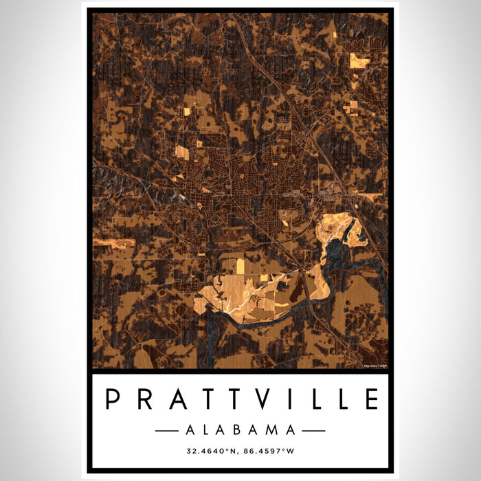 Prattville Alabama Map Print Portrait Orientation in Ember Style With Shaded Background