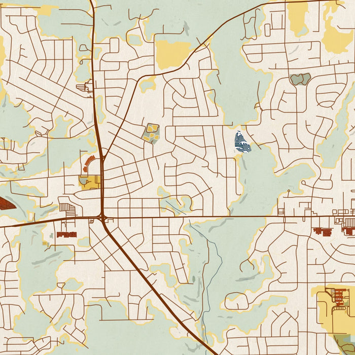 Prattville Alabama Map Print in Woodblock Style Zoomed In Close Up Showing Details