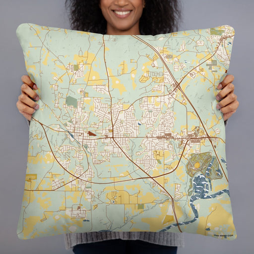 Person holding 22x22 Custom Prattville Alabama Map Throw Pillow in Woodblock