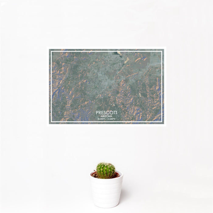 12x18 Prescott Arizona Map Print Landscape Orientation in Afternoon Style With Small Cactus Plant in White Planter