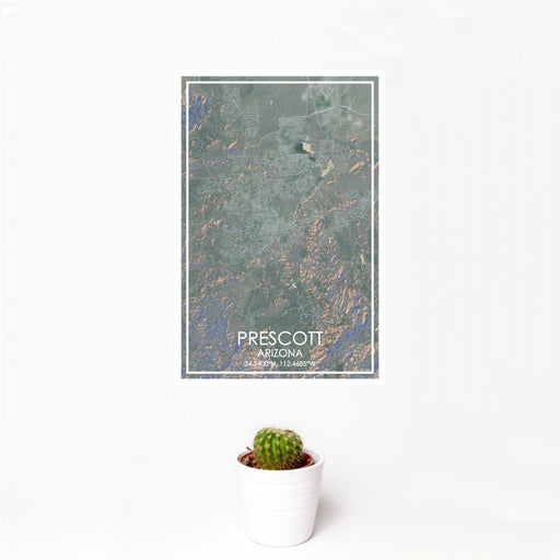 12x18 Prescott Arizona Map Print Portrait Orientation in Afternoon Style With Small Cactus Plant in White Planter