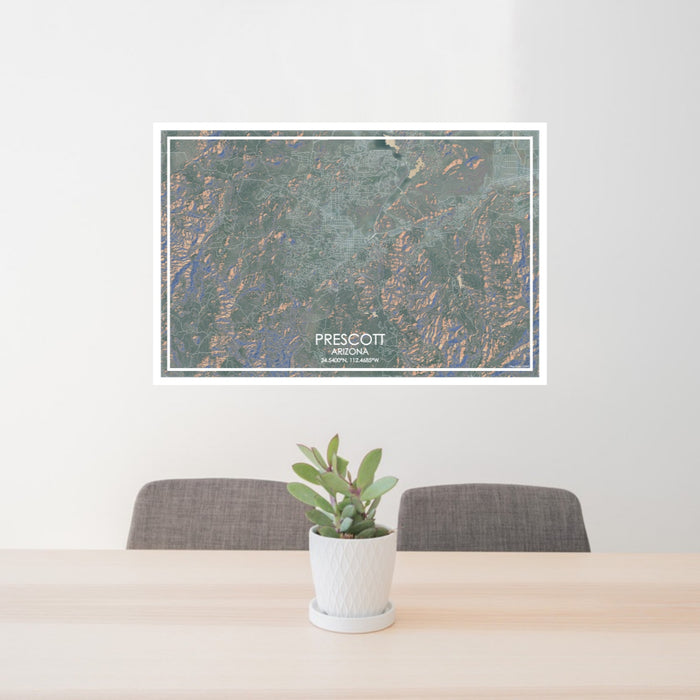 24x36 Prescott Arizona Map Print Lanscape Orientation in Afternoon Style Behind 2 Chairs Table and Potted Plant