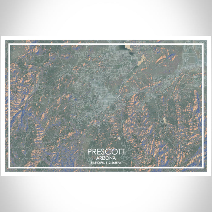 Prescott Arizona Map Print Landscape Orientation in Afternoon Style With Shaded Background