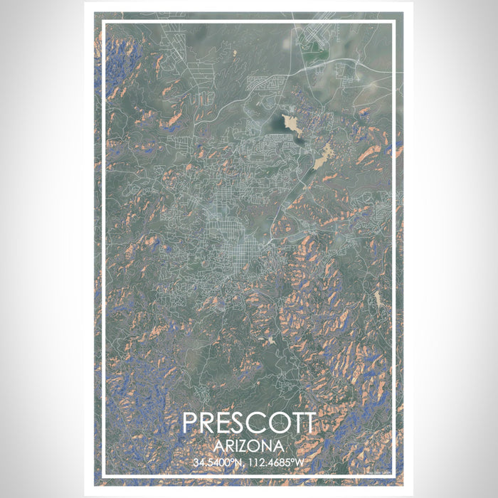 Prescott Arizona Map Print Portrait Orientation in Afternoon Style With Shaded Background