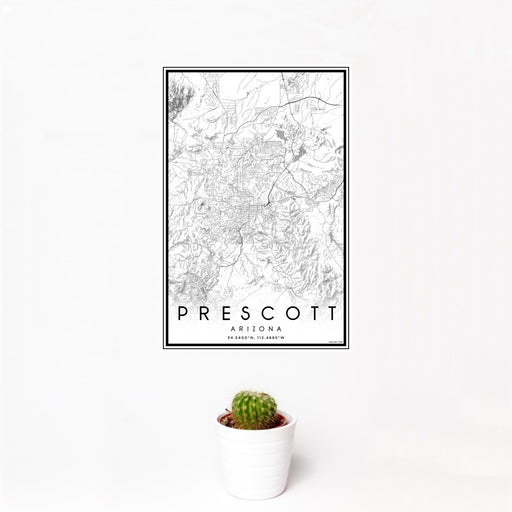 12x18 Prescott Arizona Map Print Portrait Orientation in Classic Style With Small Cactus Plant in White Planter