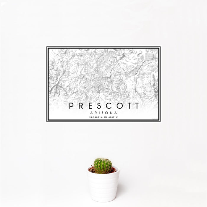 12x18 Prescott Arizona Map Print Landscape Orientation in Classic Style With Small Cactus Plant in White Planter