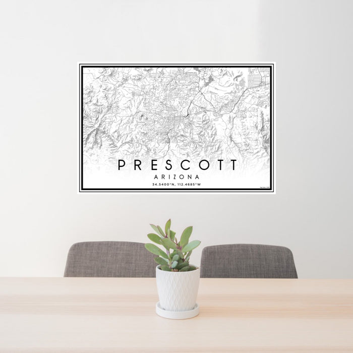 24x36 Prescott Arizona Map Print Landscape Orientation in Classic Style Behind 2 Chairs Table and Potted Plant