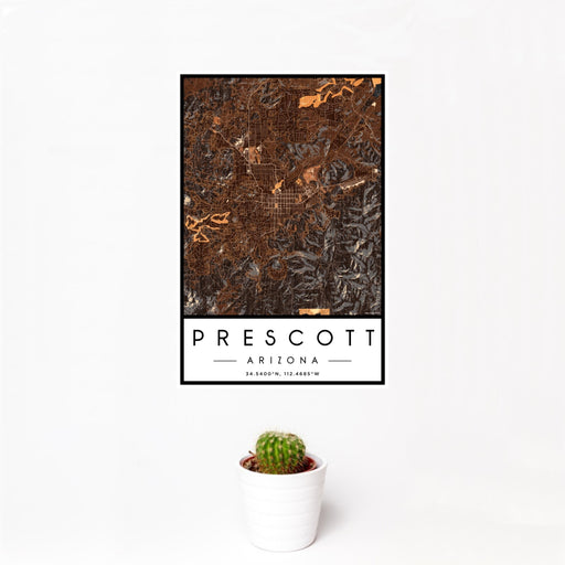 12x18 Prescott Arizona Map Print Portrait Orientation in Ember Style With Small Cactus Plant in White Planter