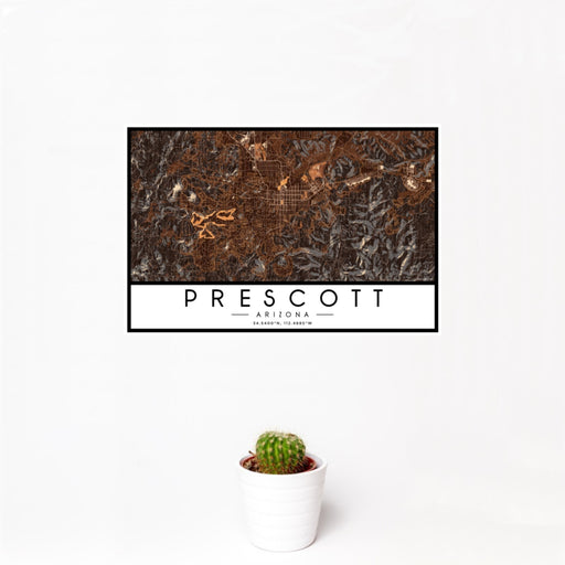 12x18 Prescott Arizona Map Print Landscape Orientation in Ember Style With Small Cactus Plant in White Planter
