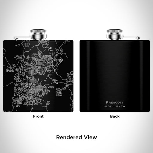 Rendered View of Prescott Arizona Map Engraving on 6oz Stainless Steel Flask in Black