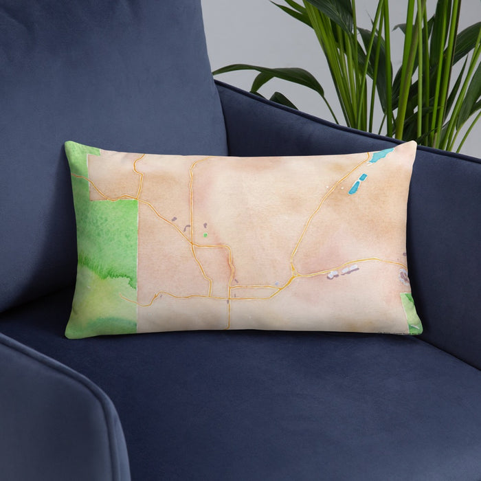 Custom Prescott Arizona Map Throw Pillow in Watercolor on Blue Colored Chair