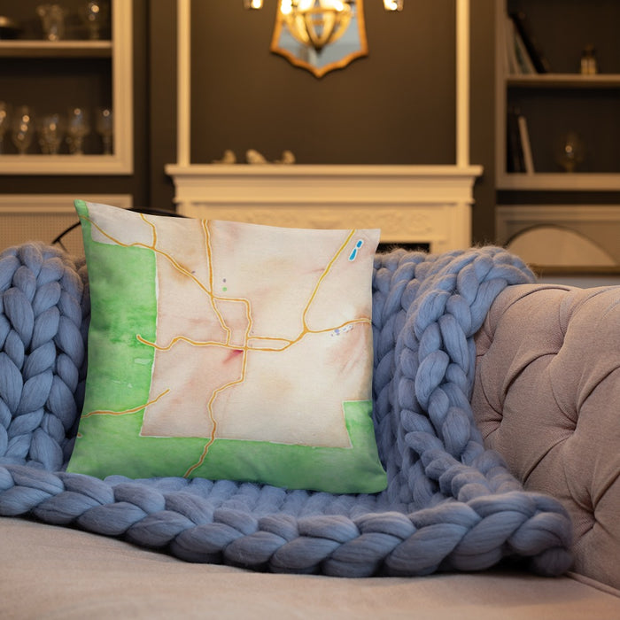 Custom Prescott Arizona Map Throw Pillow in Watercolor on Cream Colored Couch