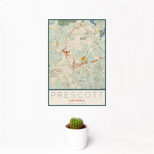12x18 Prescott Arizona Map Print Portrait Orientation in Woodblock Style With Small Cactus Plant in White Planter