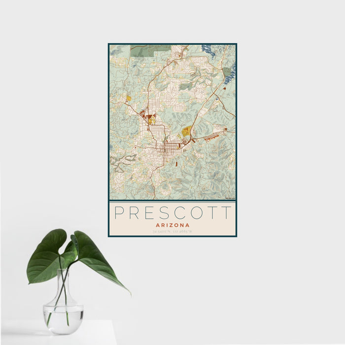 16x24 Prescott Arizona Map Print Portrait Orientation in Woodblock Style With Tropical Plant Leaves in Water