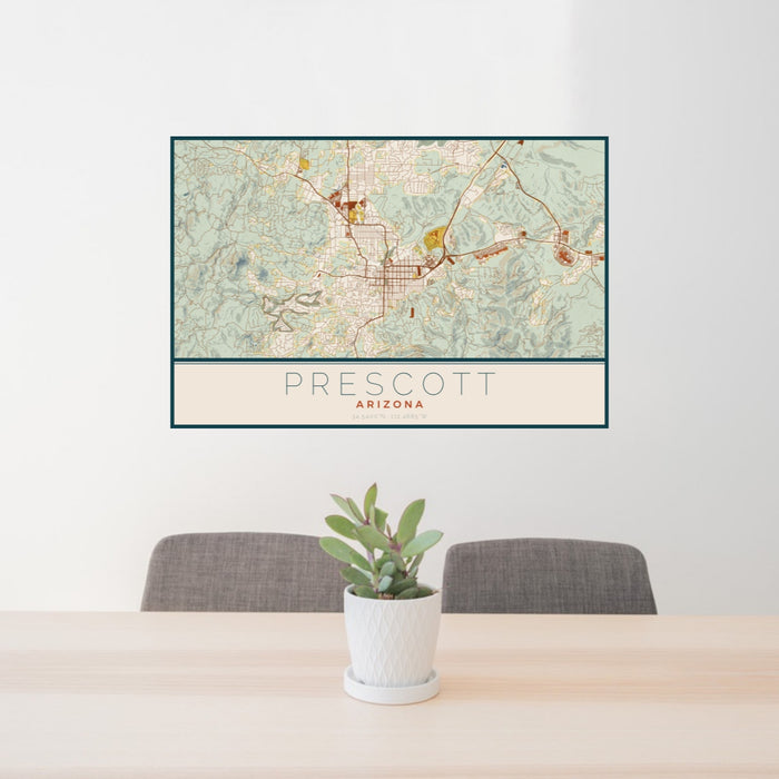 24x36 Prescott Arizona Map Print Landscape Orientation in Woodblock Style Behind 2 Chairs Table and Potted Plant